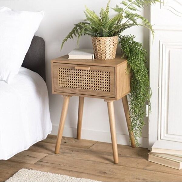 Ahşap Hasır Desenli Hazeran Tek File Çekmeceli Komodin